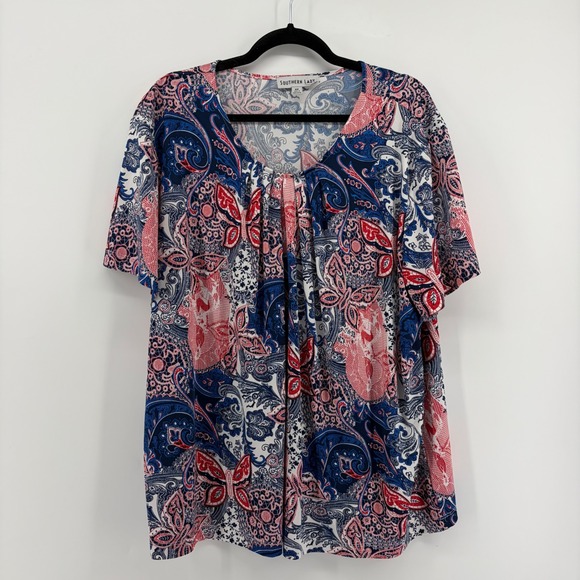 Southern Lady Tops - Southern Lady Paisley Butterfly Print V Neck Tunic Top Women's Plus Size 2X‎